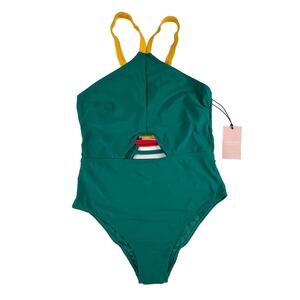 GWEN | NWT L Halter Teal Red Yellow Colorblock Juicy Couture Designer Swimsuit